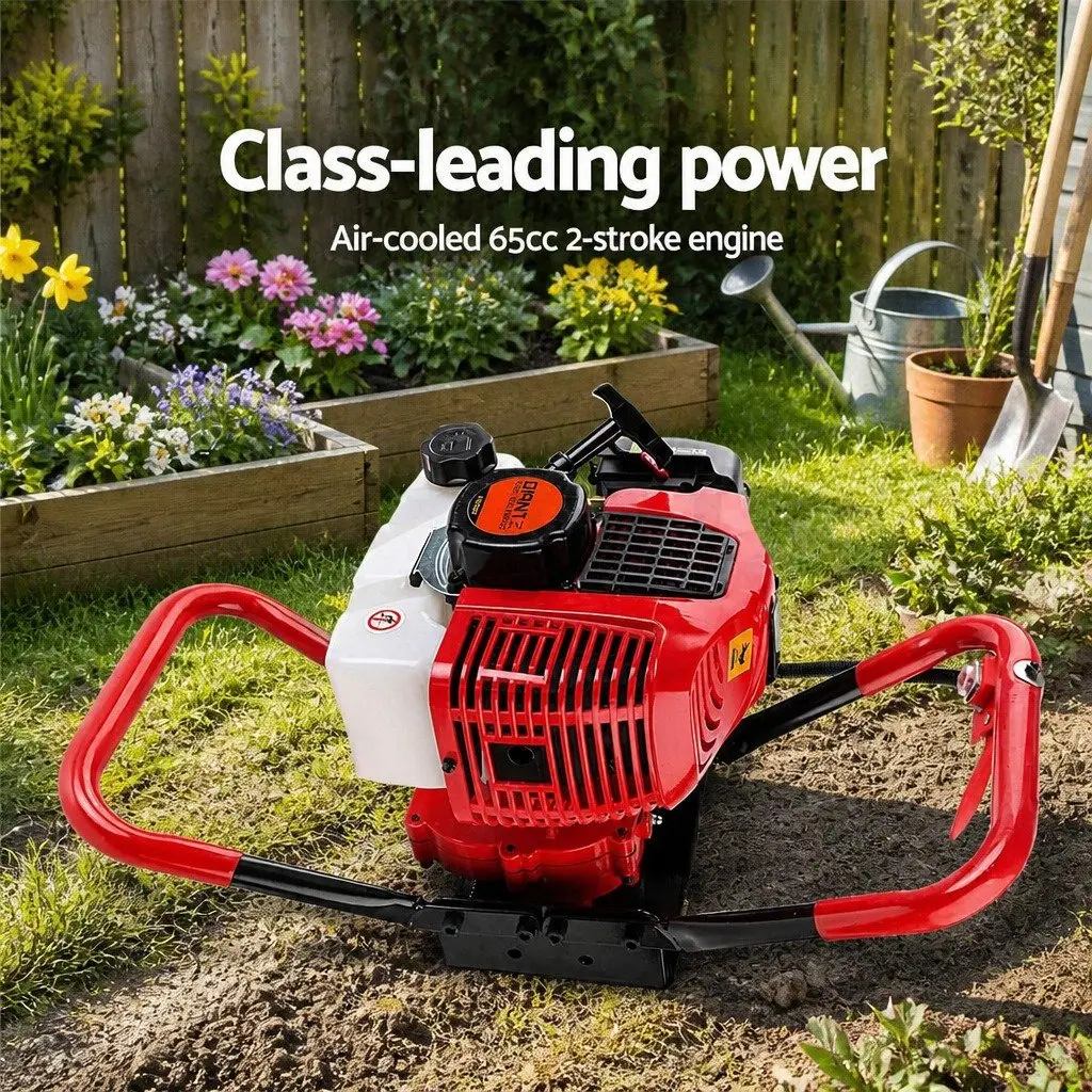 Post Hole Digger Petrol Powered 65cc 2-Stroke Engine with Auger Kit and Extension Red Black