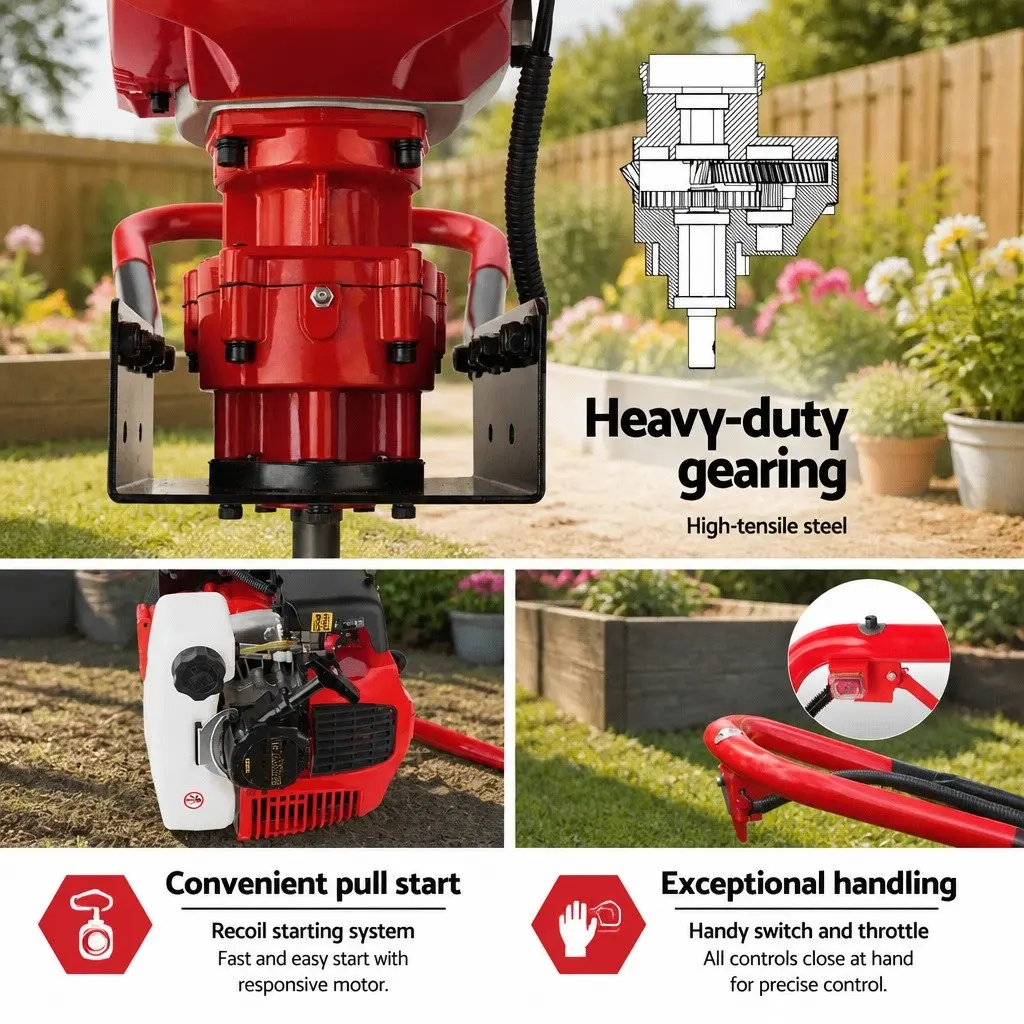 Post Hole Digger Petrol Powered 65cc 2-Stroke Engine with Auger Kit and Extension Red Black