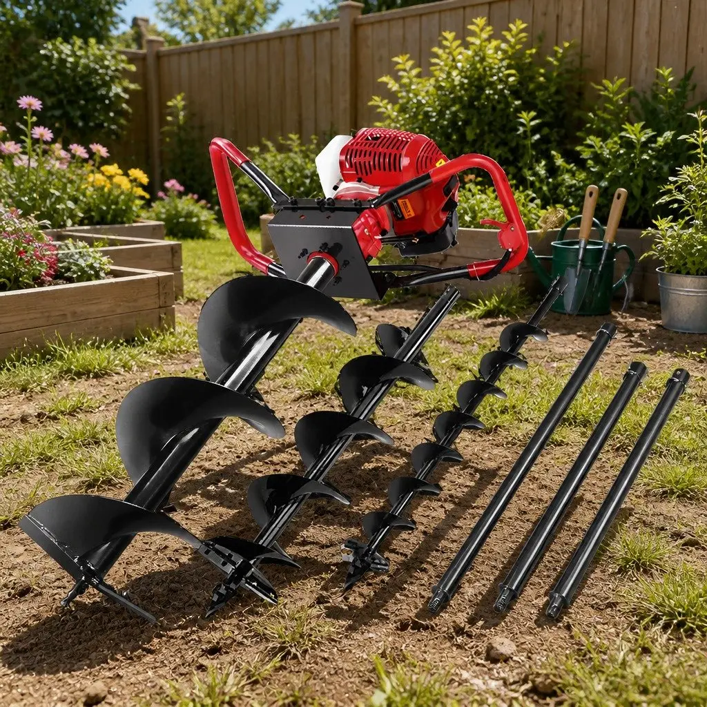 Post Hole Digger Petrol Powered 65cc 2-Stroke Engine with Auger Kit and Extension Red Black