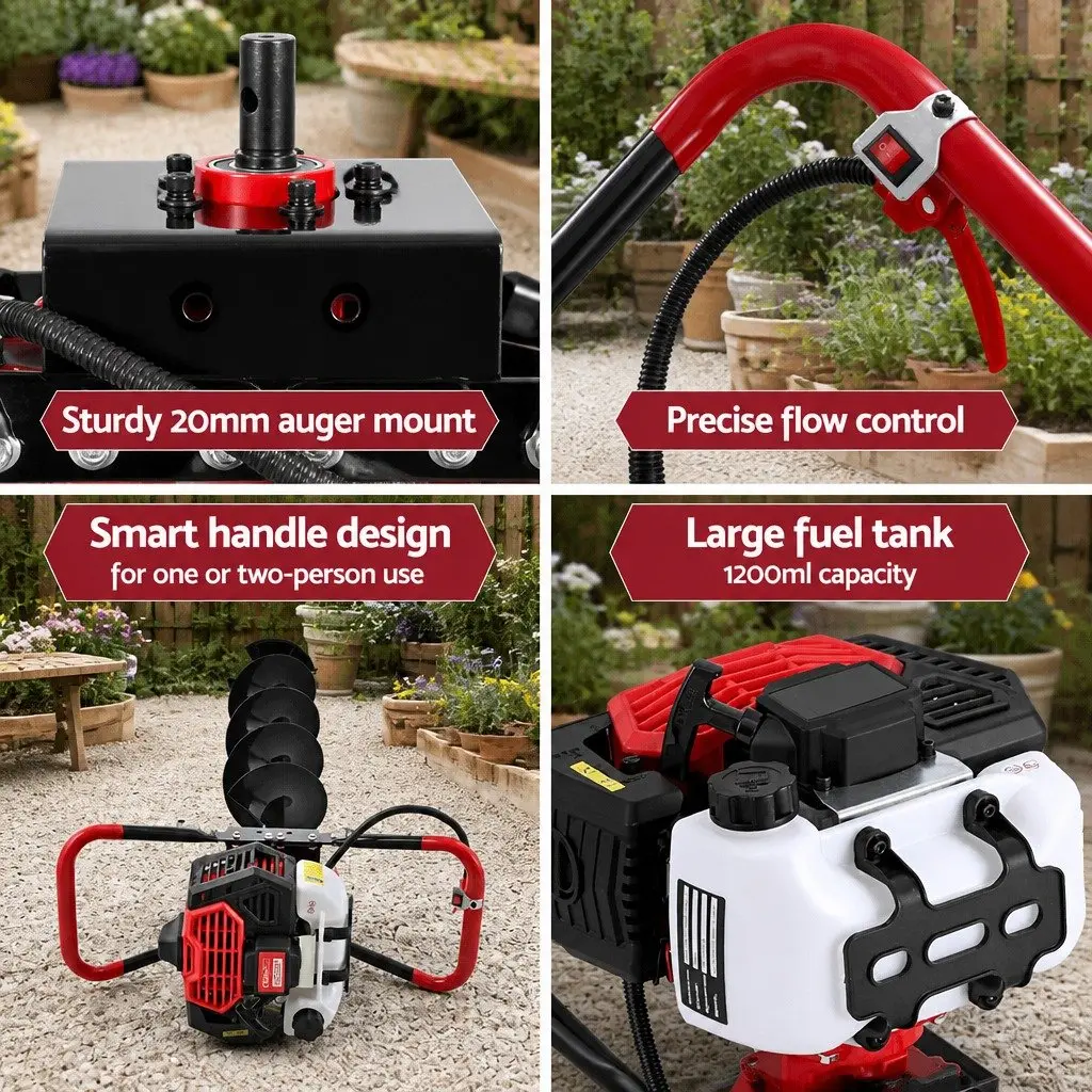 Post Hole Digger 200mm Petrol Auger Heavy-duty Steel Black Red