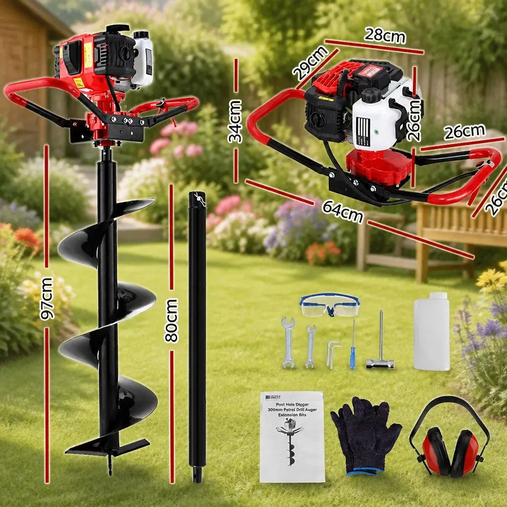 Post Hole Digger Heavy Duty Steel 300mm Auger with 80cm Extension and 65cc Engine Black Red