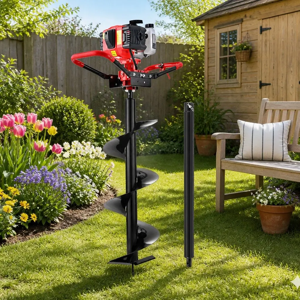 Post Hole Digger Heavy Duty Steel 300mm Auger with 80cm Extension and 65cc Engine Black Red