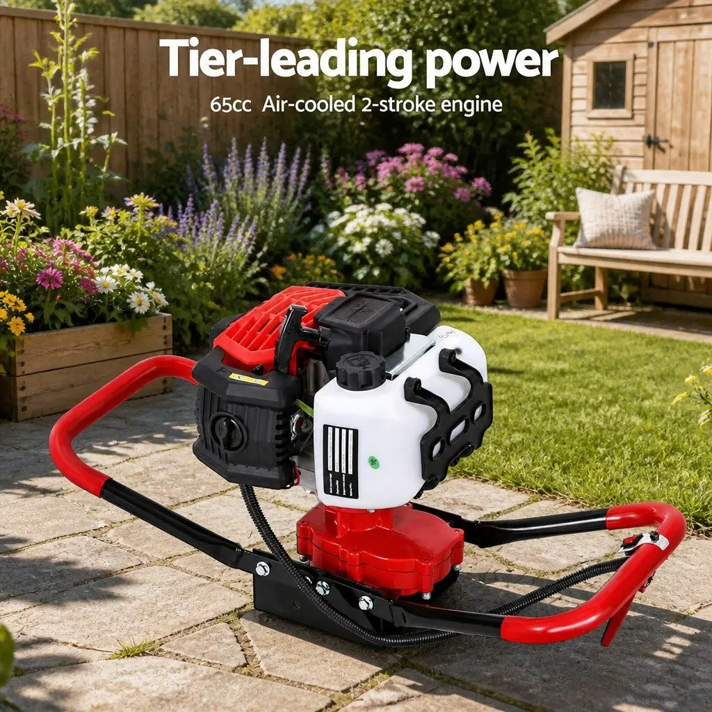Post Hole Digger Heavy Duty Steel 300mm Auger with 80cm Extension and 65cc Engine Black Red