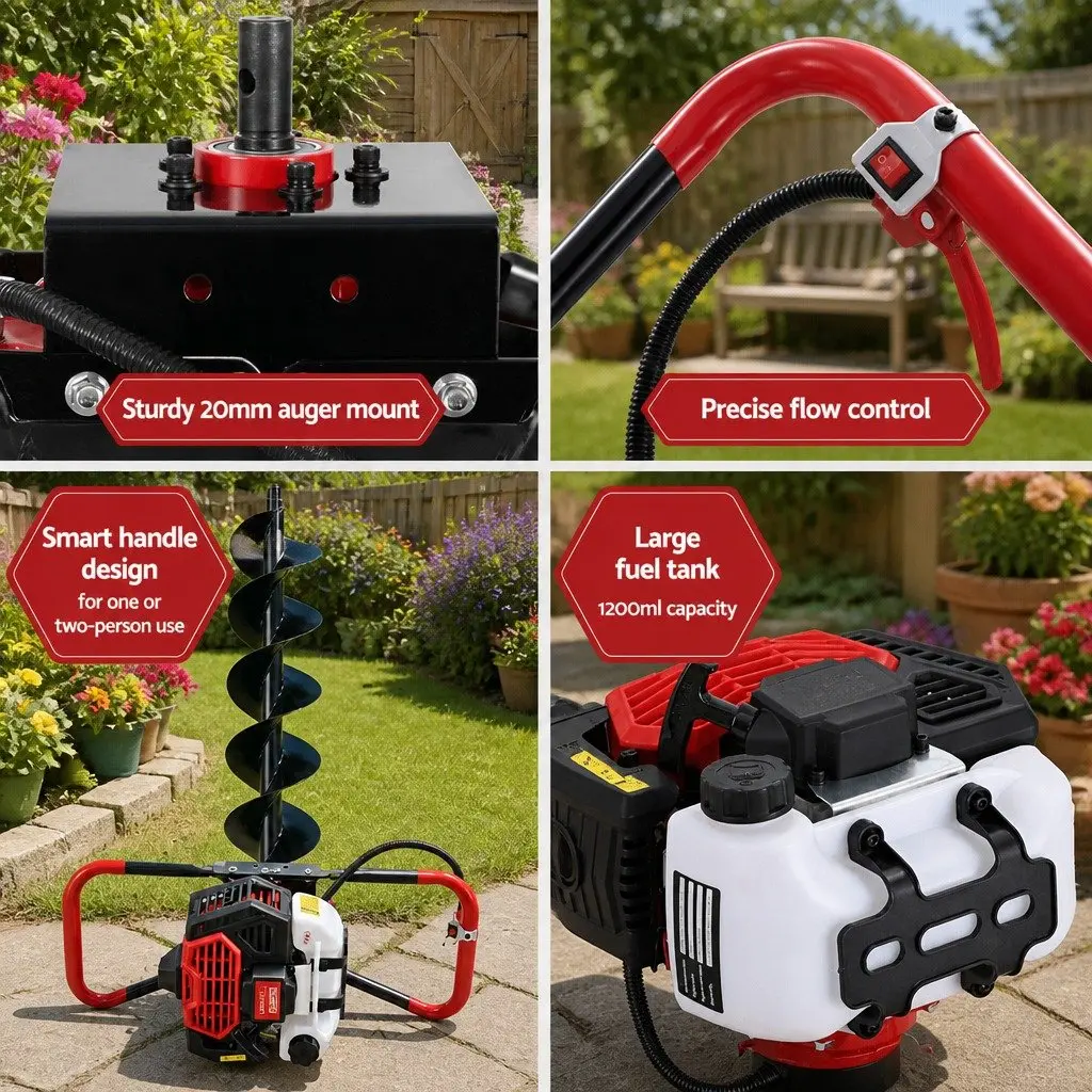 Post Hole Digger Heavy Duty Steel 300mm Auger with 80cm Extension and 65cc Engine Black Red