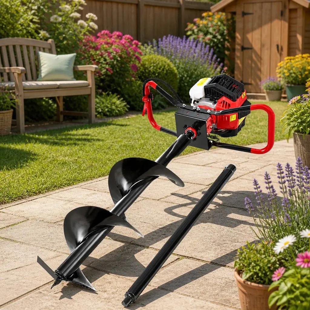 Post Hole Digger Heavy Duty Steel 300mm Auger with 80cm Extension and 65cc Engine Black Red