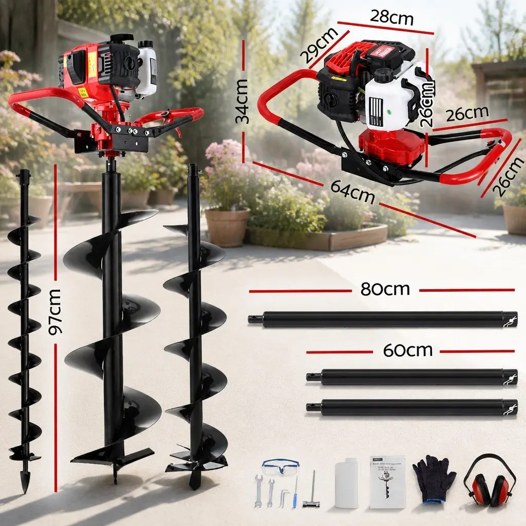Post Hole Digger Auger Drill Kit 65cc Petrol Engine with Vertical Gearbox Anti-Vibration Handle Extensions and Multiple Auger Bits