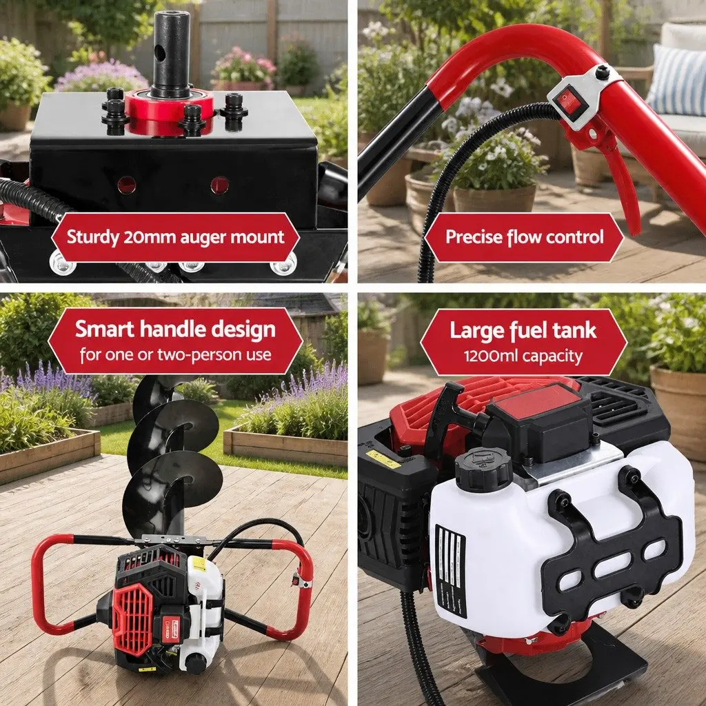 Post Hole Digger Auger Drill Kit 65cc Petrol Engine with Vertical Gearbox Anti-Vibration Handle Extensions and Multiple Auger Bits