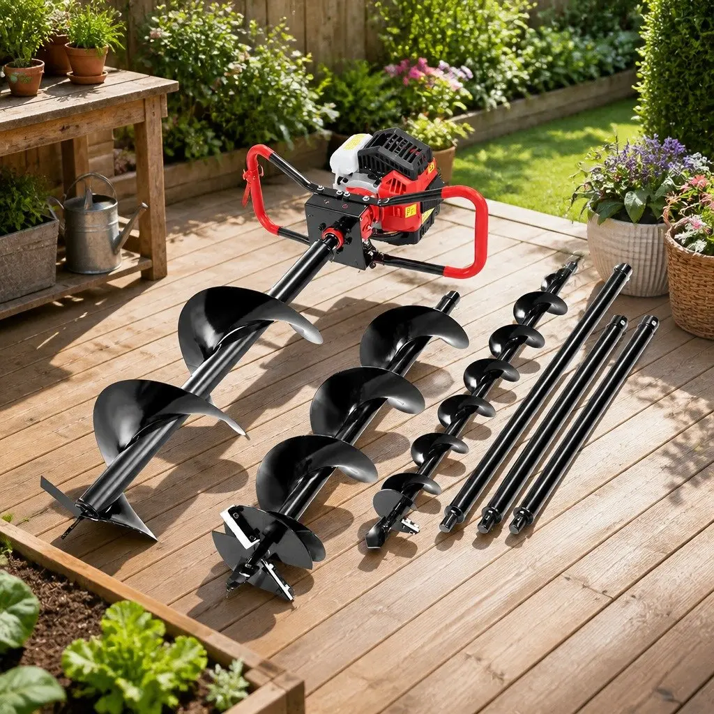 Post Hole Digger Auger Drill Kit 65cc Petrol Engine with Vertical Gearbox Anti-Vibration Handle Extensions and Multiple Auger Bits