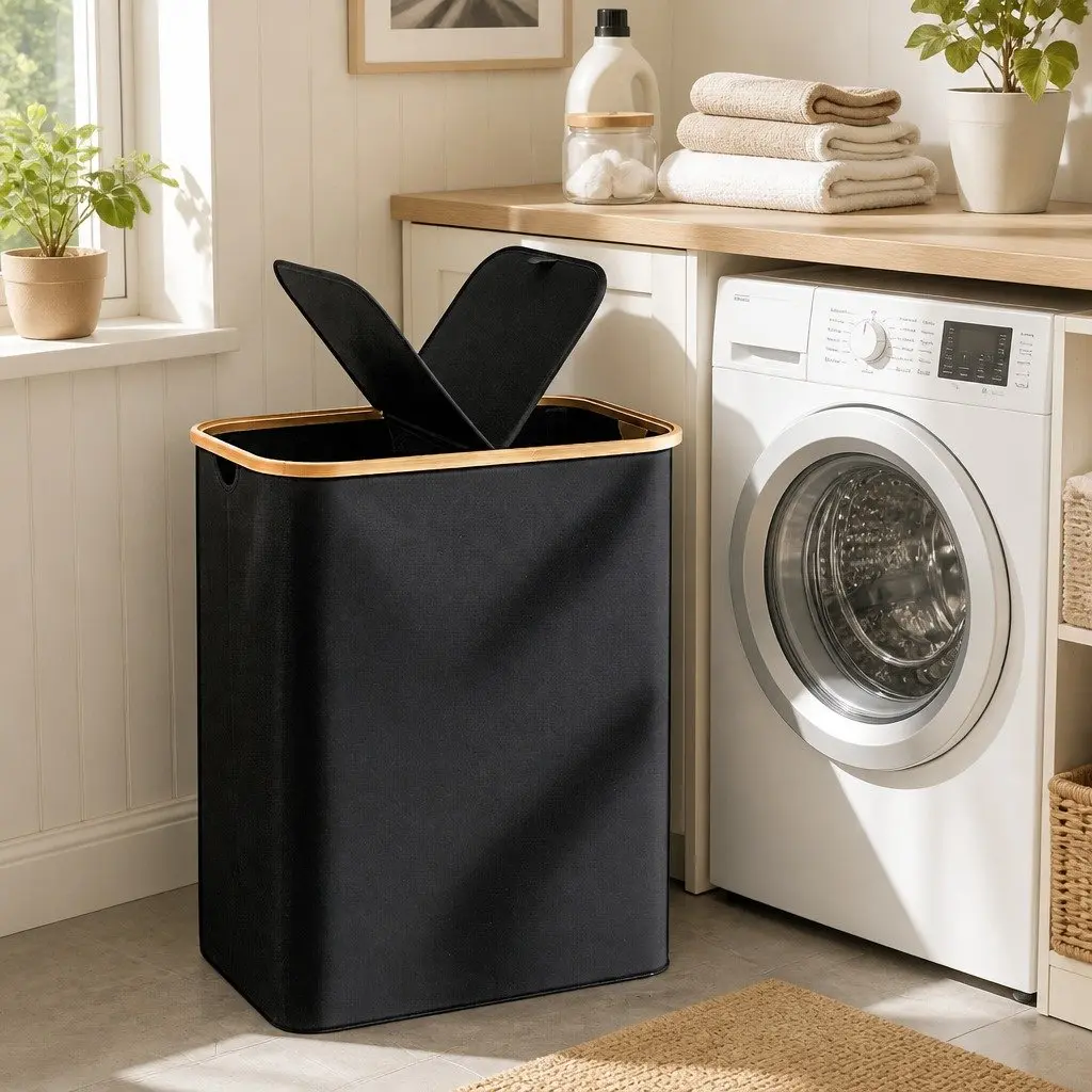 2 Section Laundry Basket with Removable Mesh Bags Foldable Storage Organiser