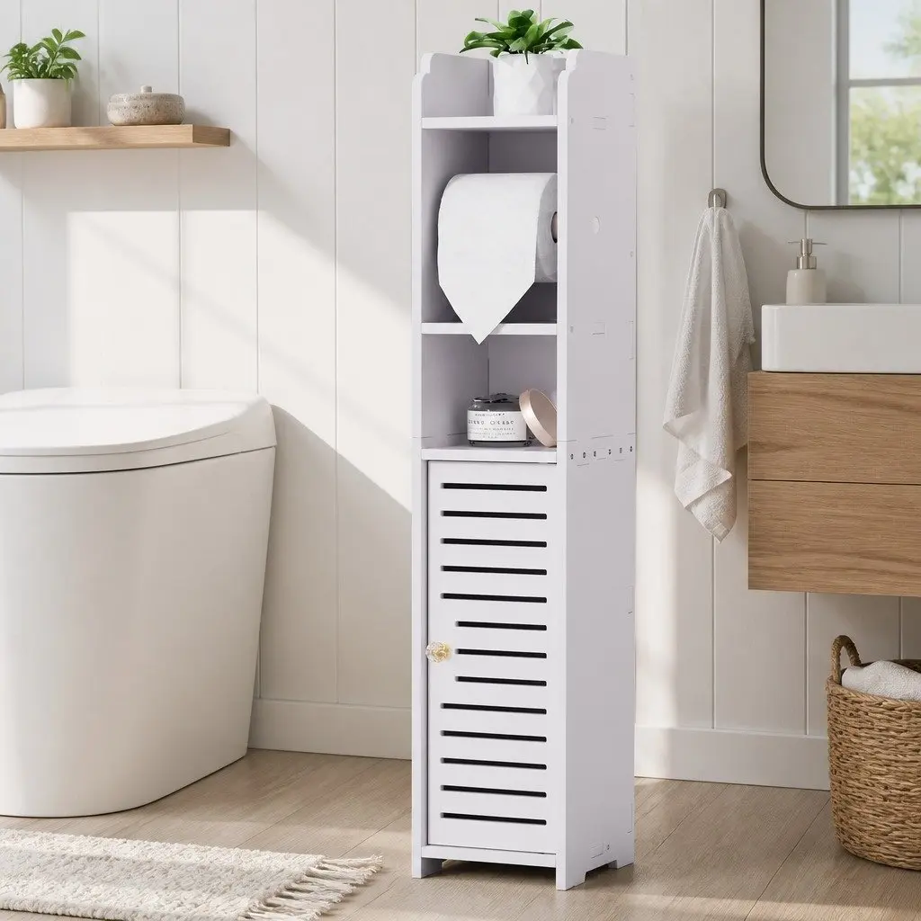 Bathroom Cabinet PVC 3 Tier Floor White Toilet Roll Holder Tissue Storage Organizer