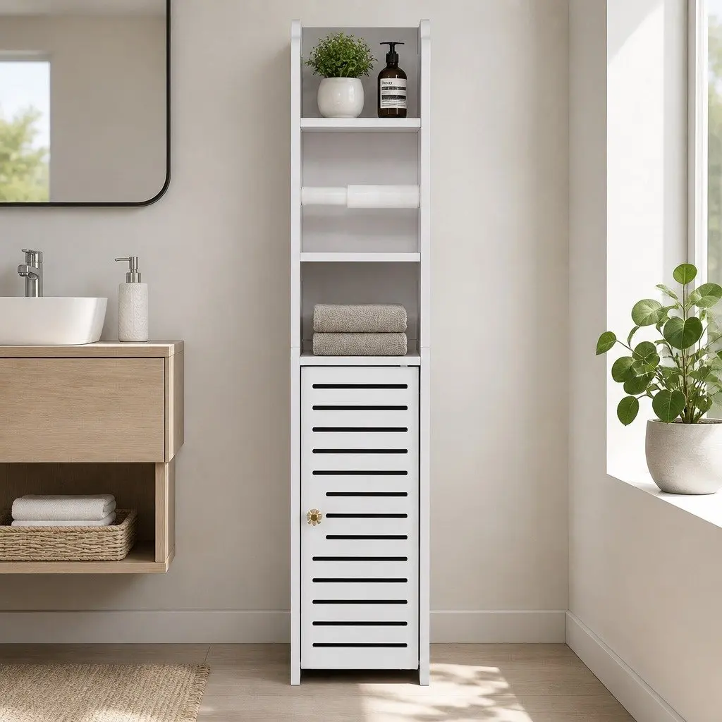 Bathroom Cabinet PVC 3 Tier Floor White Toilet Roll Holder Tissue Storage Organizer