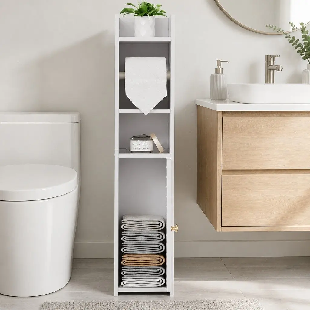 Bathroom Cabinet PVC 3 Tier Floor White Toilet Roll Holder Tissue Storage Organizer