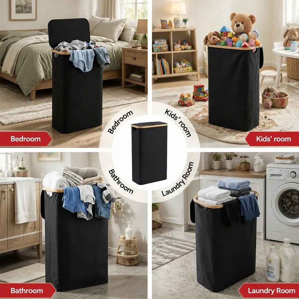 Laundry Basket Foldable Black Removable Mesh Bag 60L Storage Hamper Bedroom