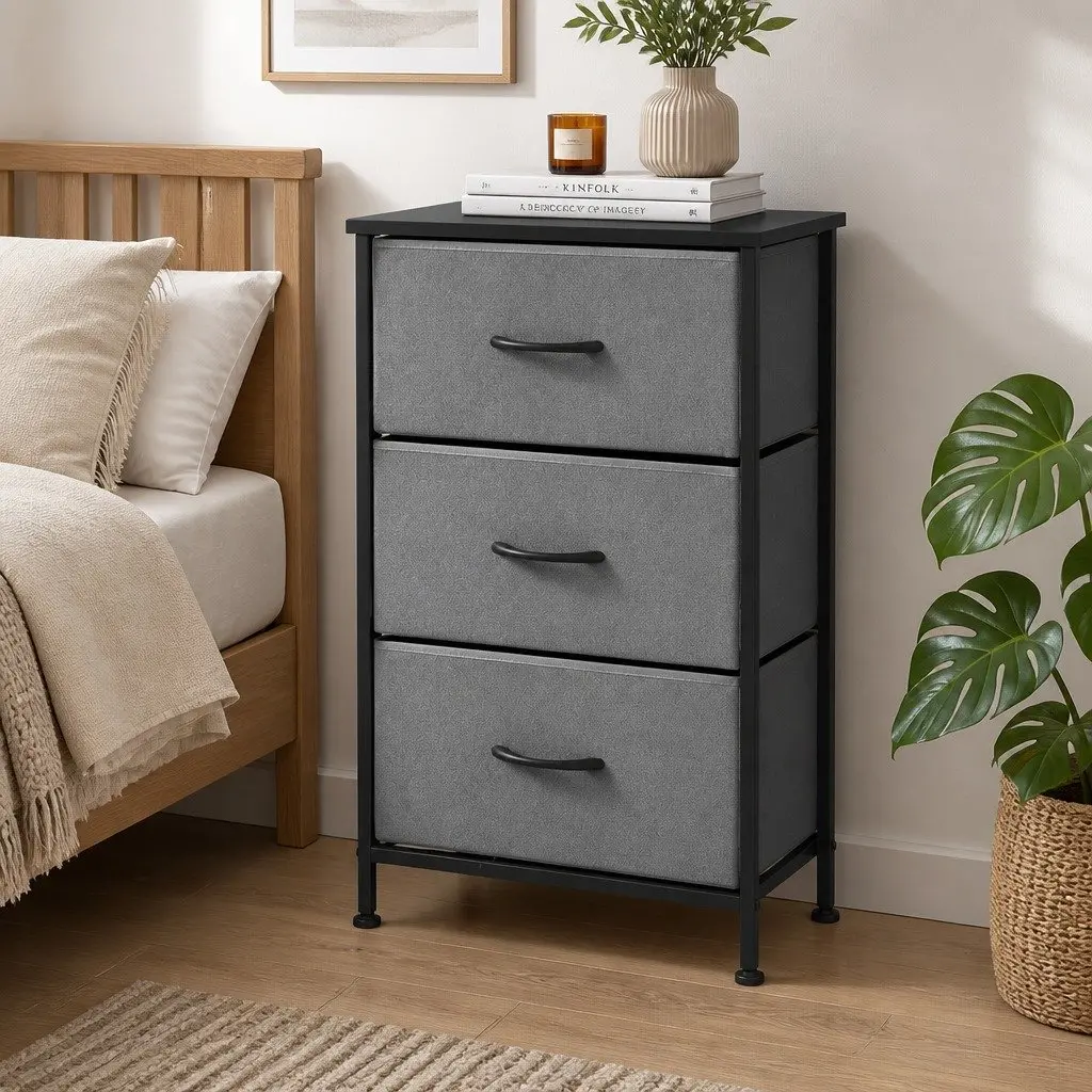 Chest of Drawers MDF Board Metal Tube Frame 3 Drawer Set of 2 Black