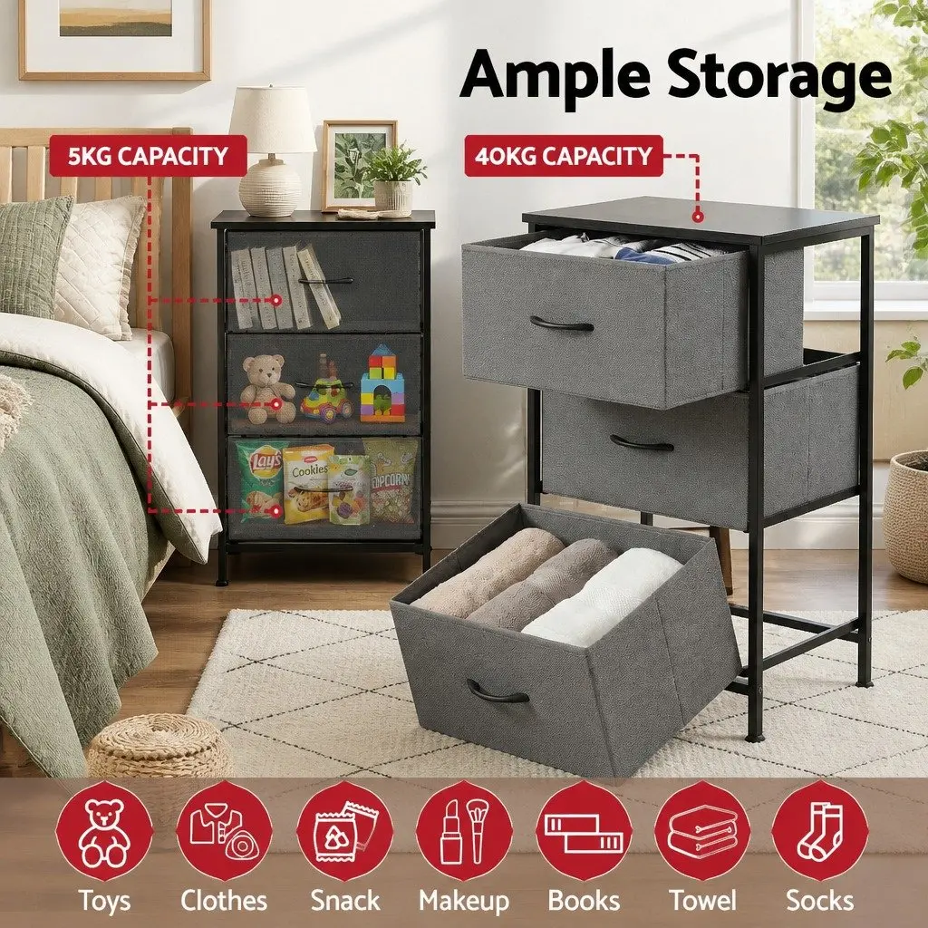 Chest of Drawers MDF Board Metal Tube Frame 3 Drawer Set of 2 Black
