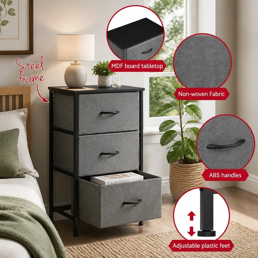 Chest of Drawers MDF Board Metal Tube Frame 3 Drawer Set of 2 Black