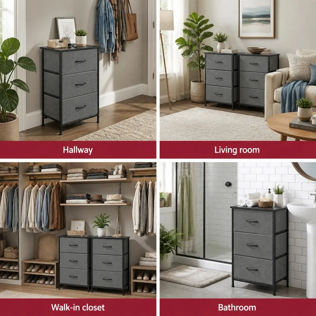 Chest of Drawers MDF Board Metal Tube Frame 3 Drawer Set of 2 Black