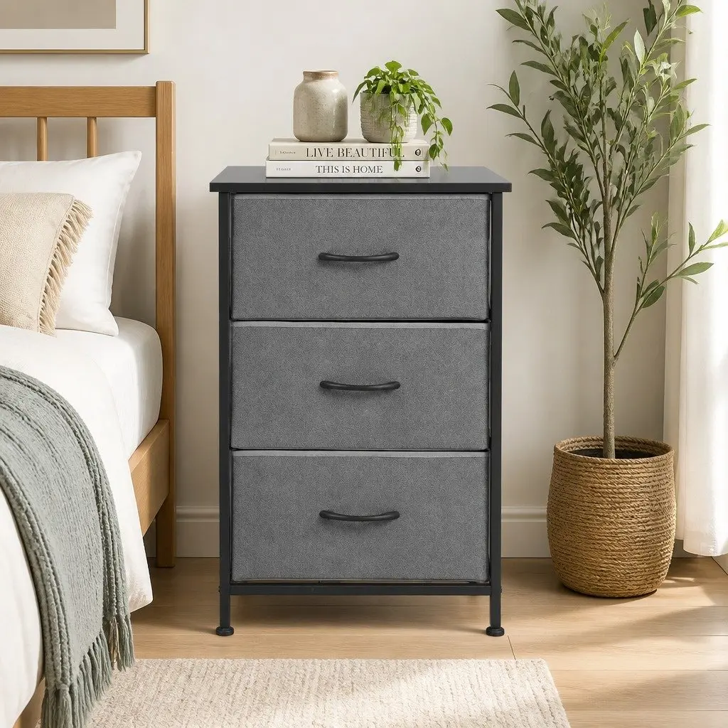Chest of Drawers MDF Metal Frame 3 Storage Drawer Grey