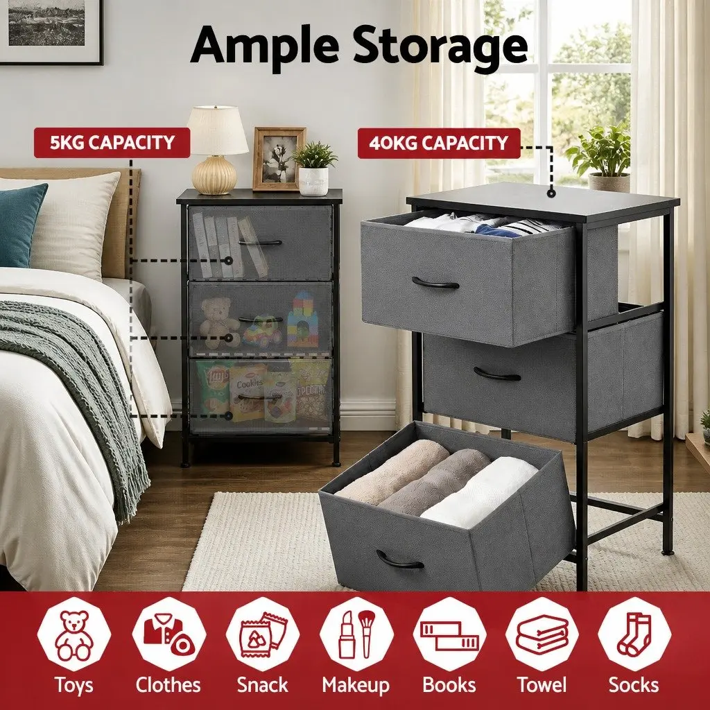Chest of Drawers MDF Metal Frame 3 Storage Drawer Grey