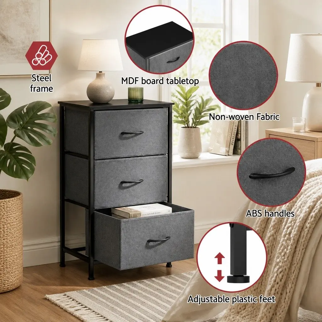 Chest of Drawers MDF Metal Frame 3 Storage Drawer Grey
