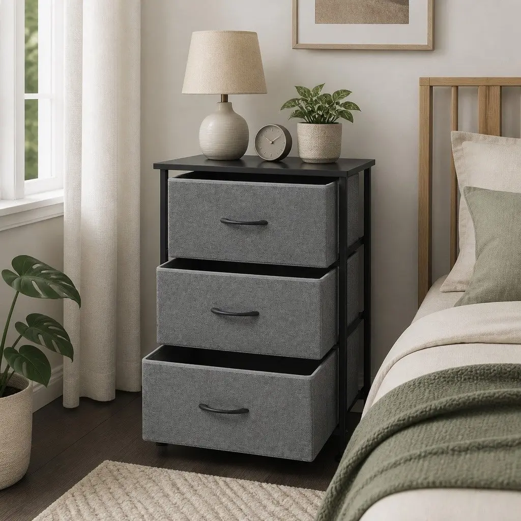 Chest of Drawers MDF Metal Frame 3 Storage Drawer Grey