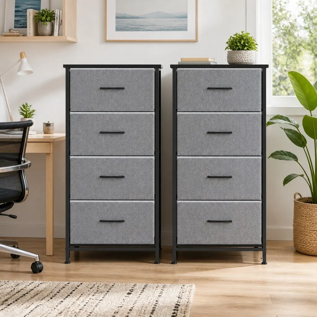 Chest of Drawers MDF Metal Frame 47cm W x 30cm D x 94cm H Grey 4 Drawers Storage Dresser Tallboy Set 2