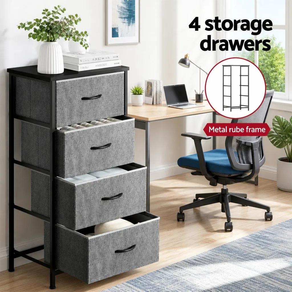 Chest of Drawers MDF Metal Frame 47cm W x 30cm D x 94cm H Grey 4 Drawers Storage Dresser Tallboy Set 2