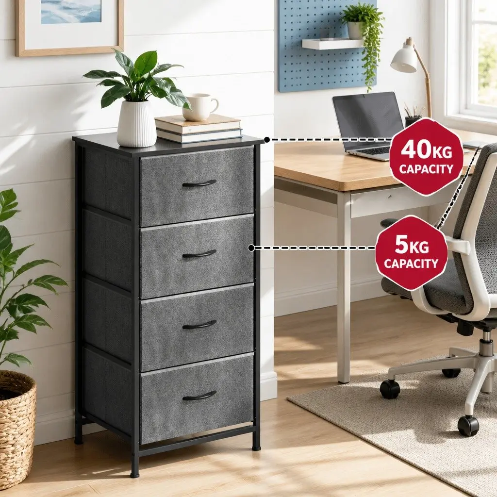 Chest of Drawers MDF Metal Frame 47cm W x 30cm D x 94cm H Grey 4 Drawers Storage Dresser Tallboy Set 2