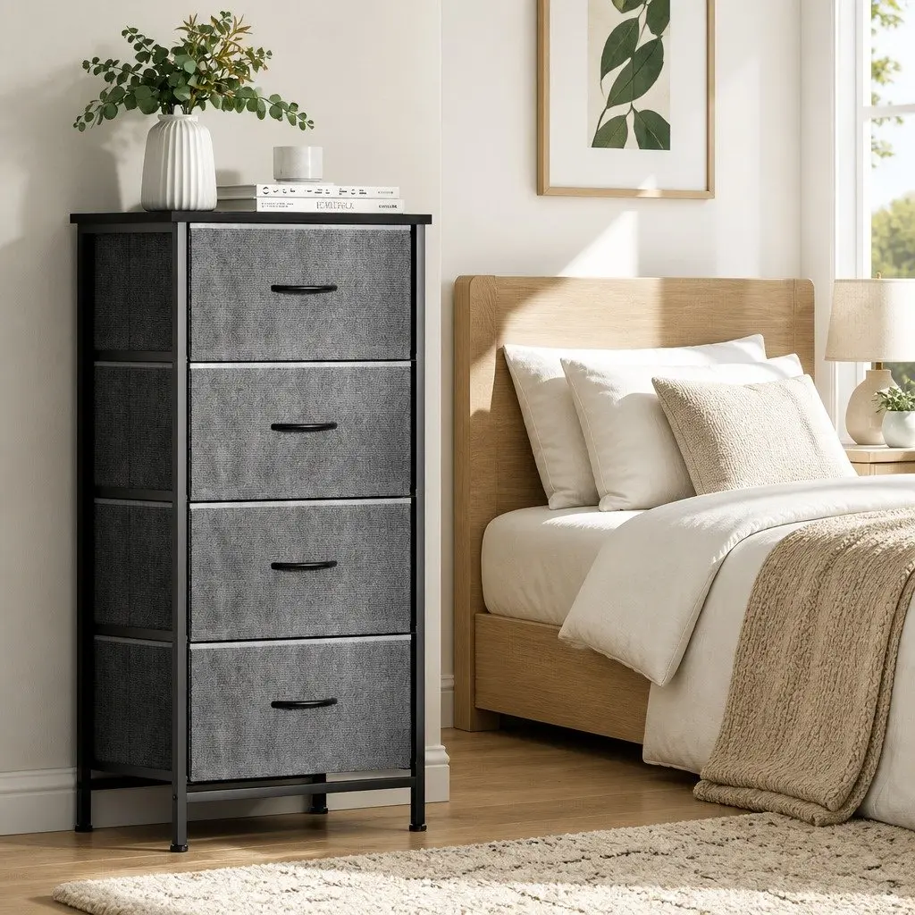 Chest of 4 Drawers Storage Dresser MDF Metal Tube Frame 47cm W Grey Black