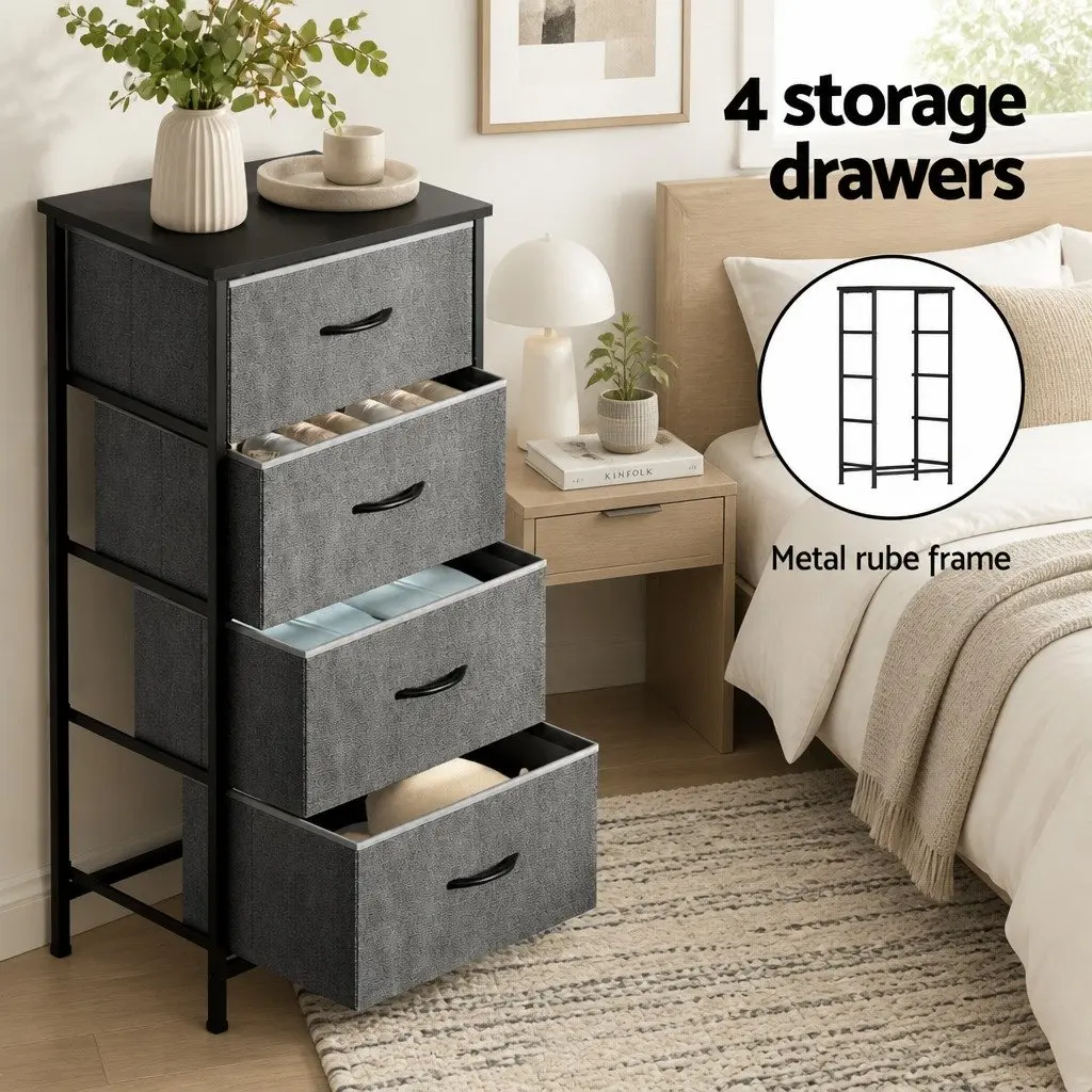 Chest of 4 Drawers Storage Dresser MDF Metal Tube Frame 47cm W Grey Black