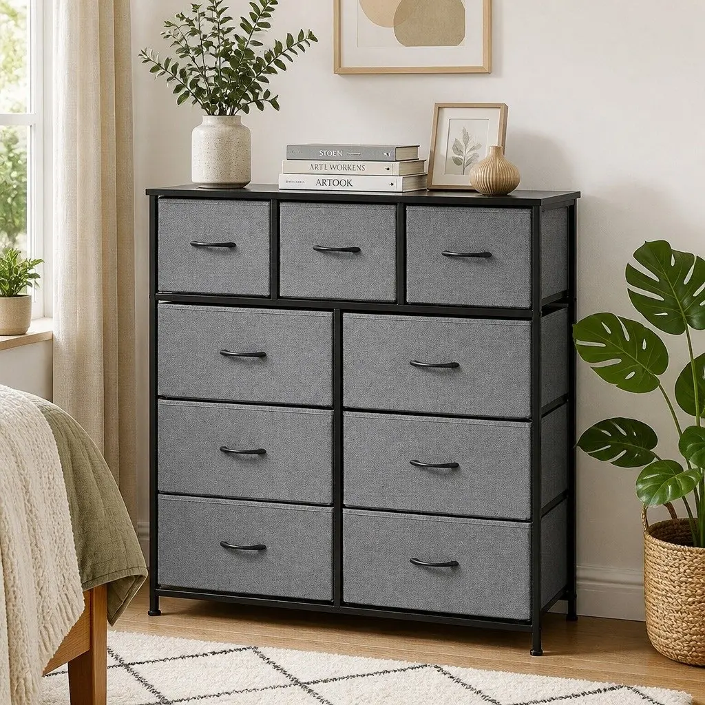 9 Drawer Chest of Drawers MDF Metal Frame Grey Storage Dresser Tallboy