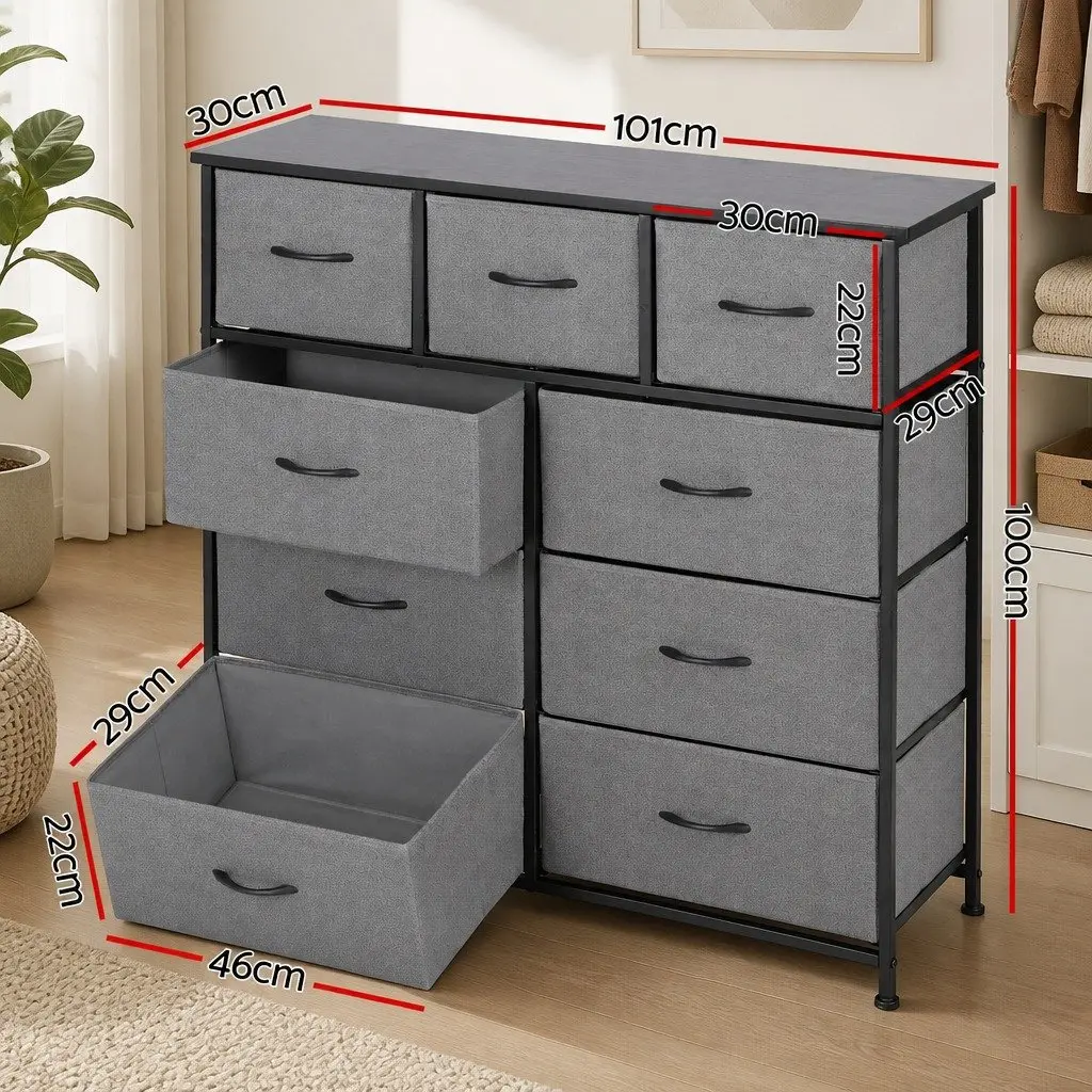 9 Drawer Chest of Drawers MDF Metal Frame Grey Storage Dresser Tallboy