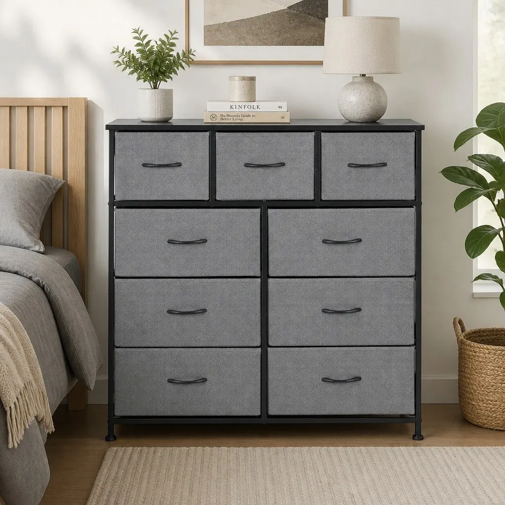 9 Drawer Chest of Drawers MDF Metal Frame Grey Storage Dresser Tallboy