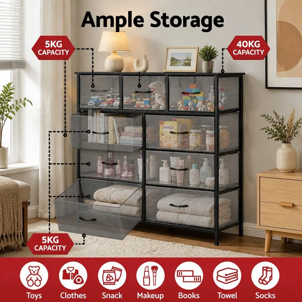9 Drawer Chest of Drawers MDF Metal Frame Grey Storage Dresser Tallboy