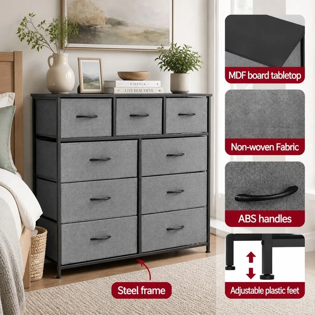 9 Drawer Chest of Drawers MDF Metal Frame Grey Storage Dresser Tallboy
