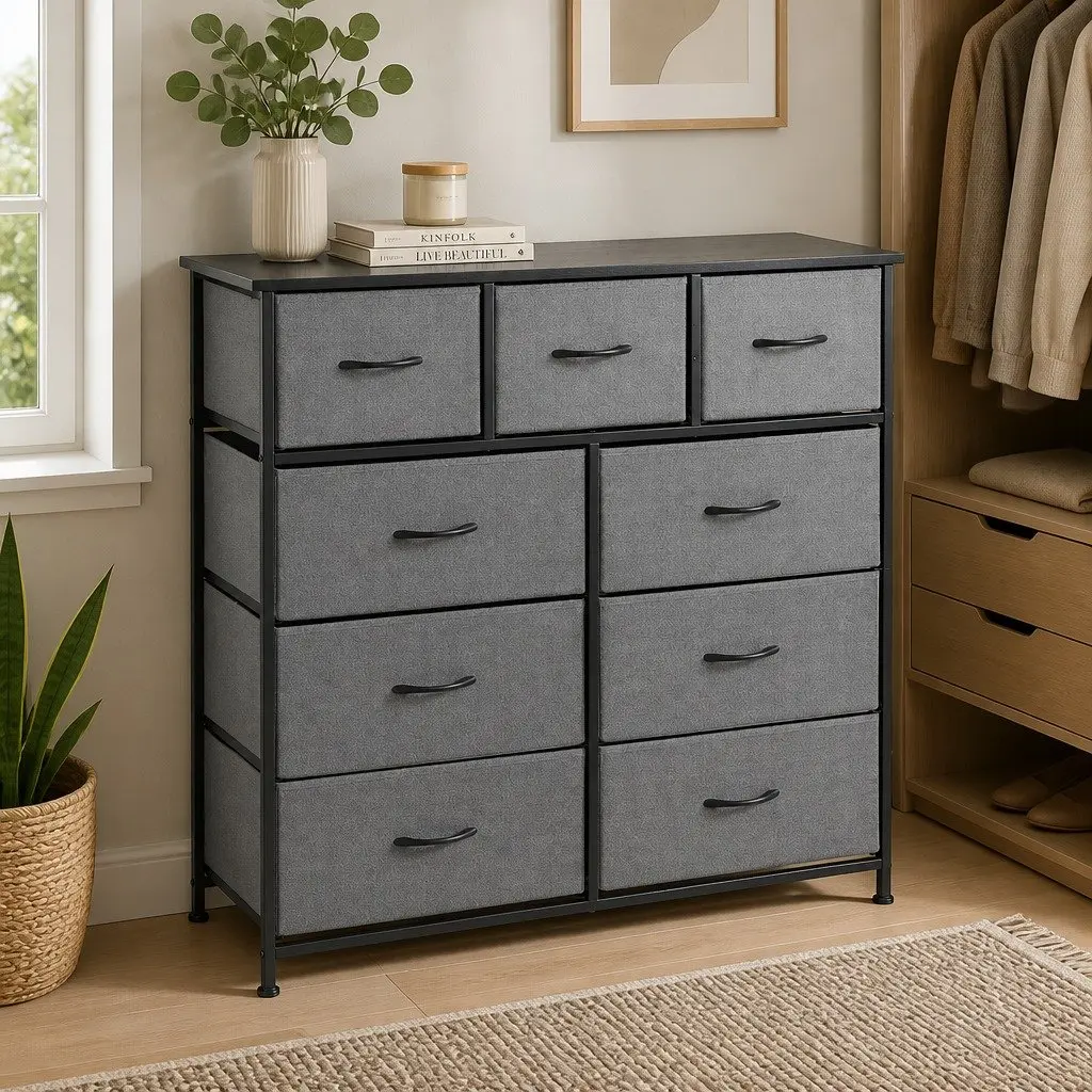 9 Drawer Chest of Drawers MDF Metal Frame Grey Storage Dresser Tallboy