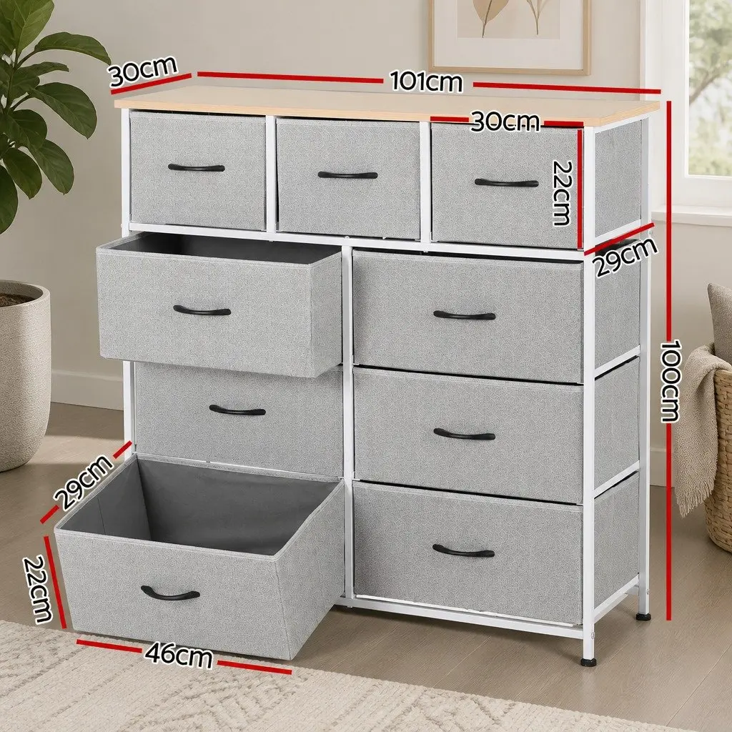 Chest of Drawers Metal Frame 9 Drawer Dresser Light Grey 101cm x 30cm x 100cm