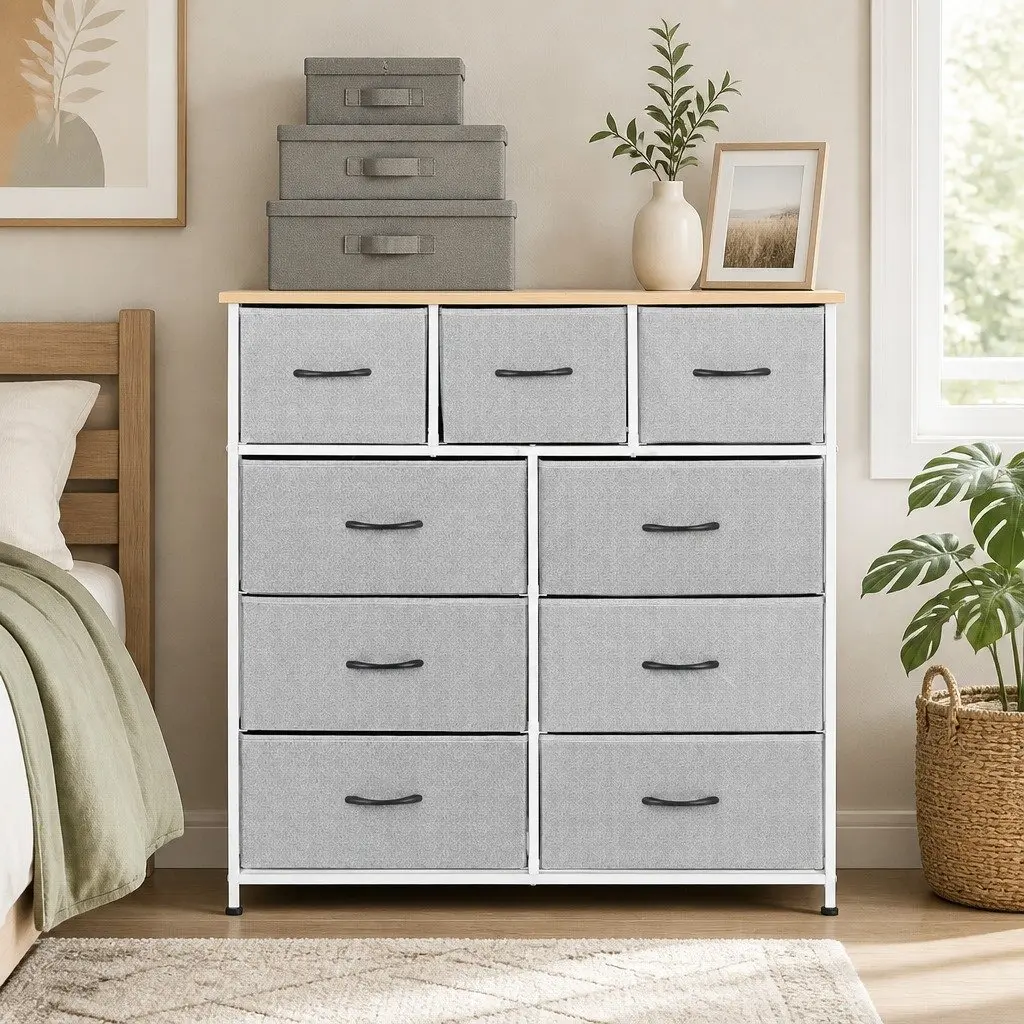 Chest of Drawers Metal Frame 9 Drawer Dresser Light Grey 101cm x 30cm x 100cm