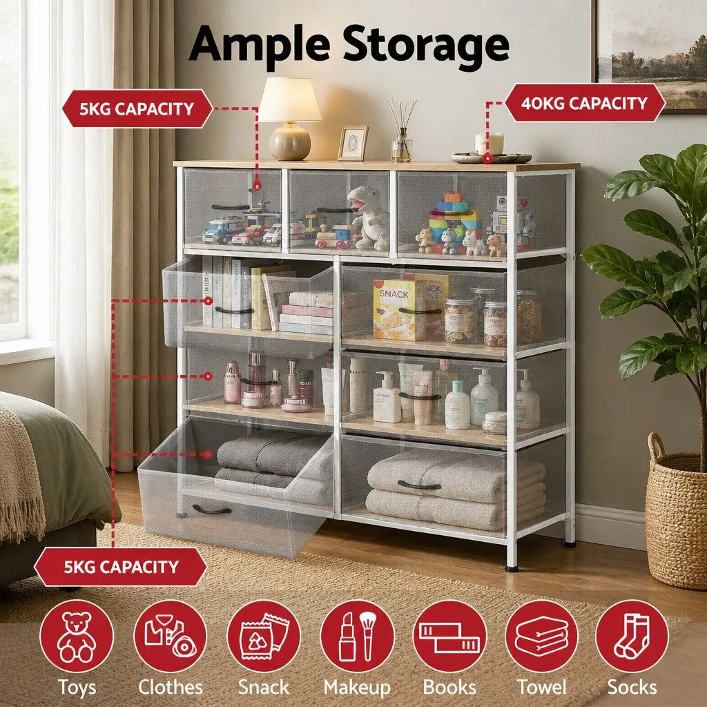 Chest of Drawers Metal Frame 9 Drawer Dresser Light Grey 101cm x 30cm x 100cm