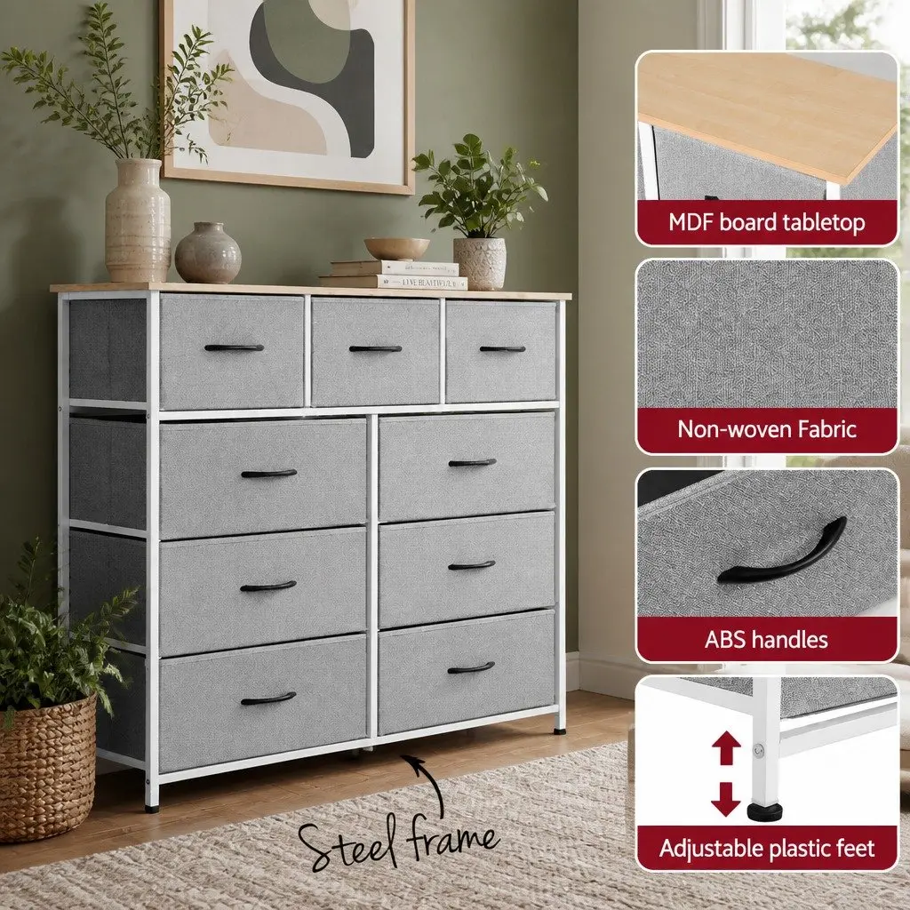 Chest of Drawers Metal Frame 9 Drawer Dresser Light Grey 101cm x 30cm x 100cm