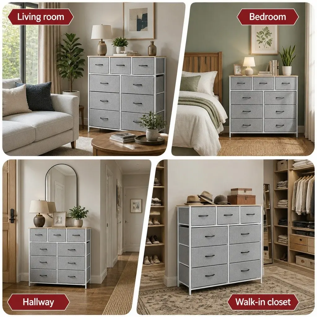 Chest of Drawers Metal Frame 9 Drawer Dresser Light Grey 101cm x 30cm x 100cm