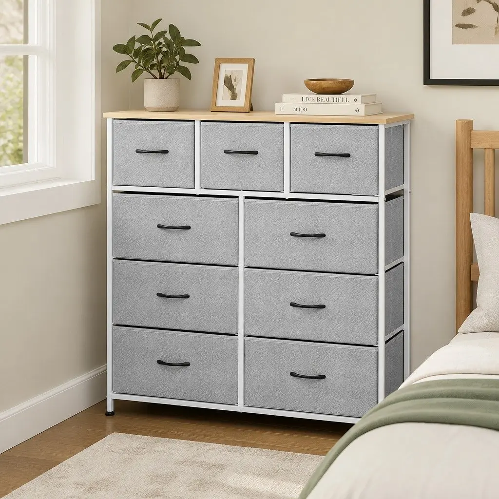 Chest of Drawers Metal Frame 9 Drawer Dresser Light Grey 101cm x 30cm x 100cm