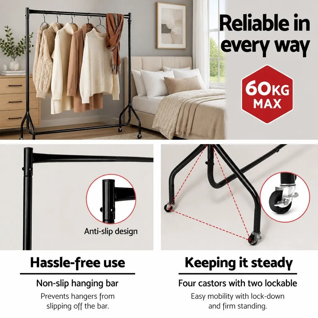 Clothes Rack Metal 6FT Black with Rolling Wheels Sturdy Construction