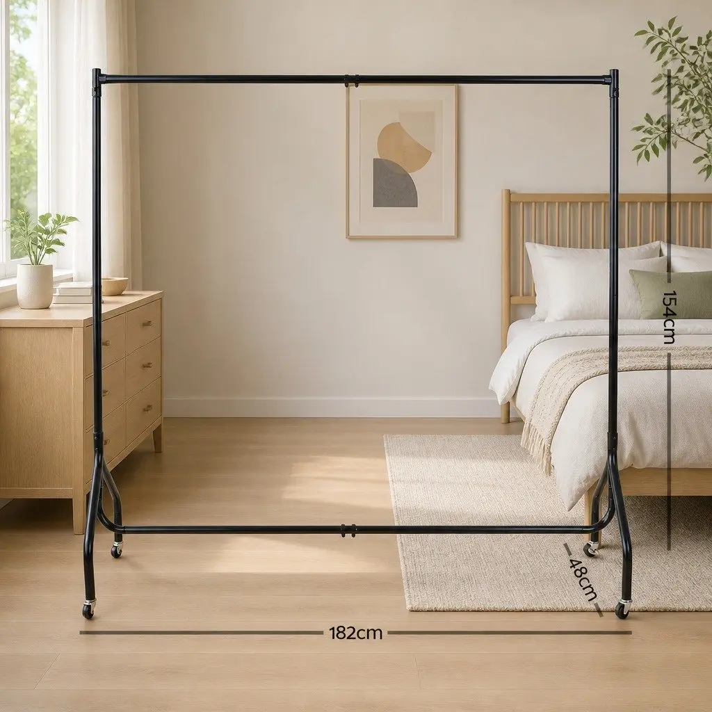 6FT Black Metal Garment Rack with Wheels Powder-Coated Steel Clothes Display Stand