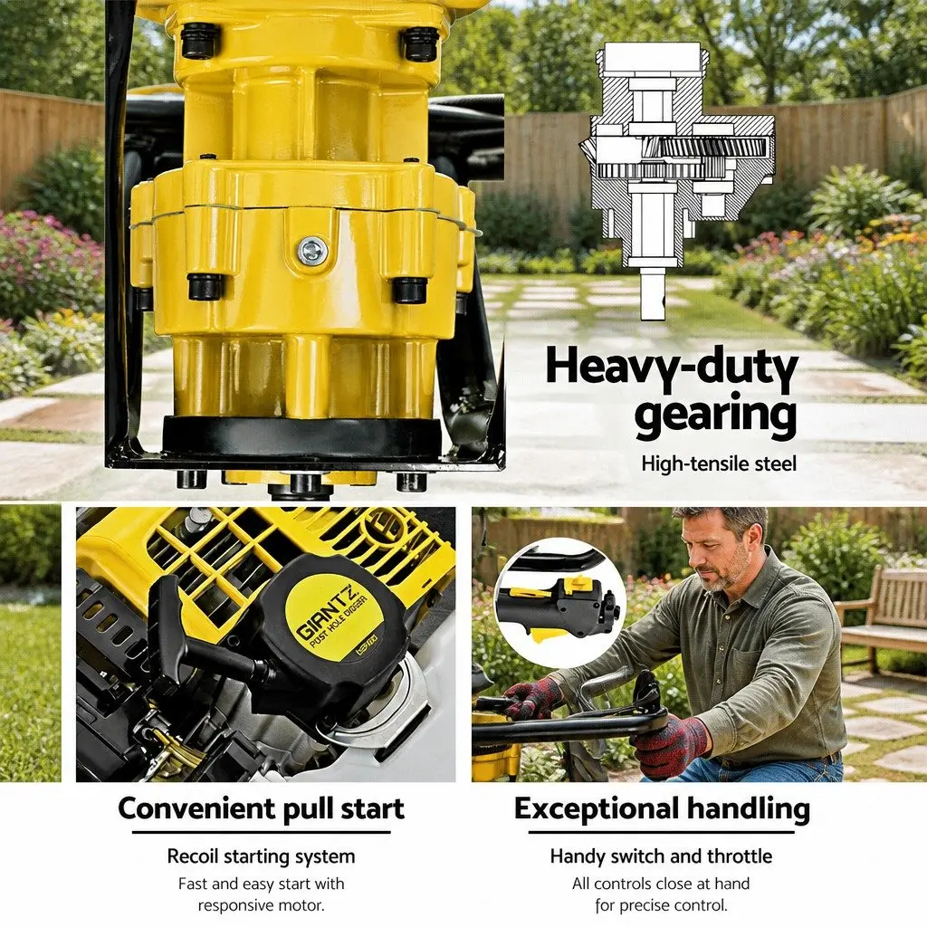 Post Hole Digger Petrol 65cc 200mm Yellow Heavy Duty Steel Construction