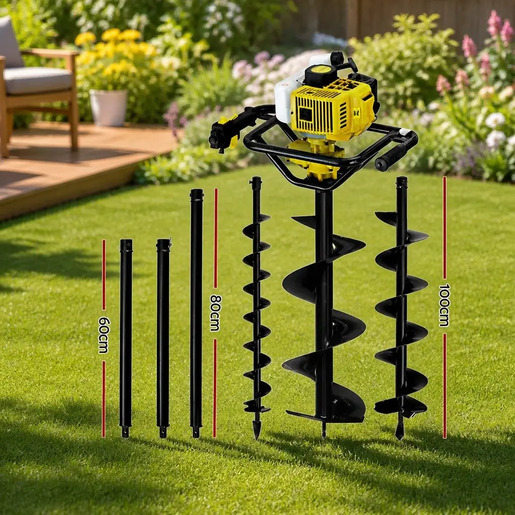 Post Hole Digger Petrol Auger 65cc Engine Yellow Heavy Duty Boring Tool with Extension Shafts and Interchangeable Auger Blades