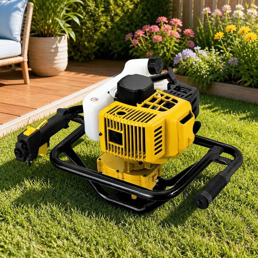 Post Hole Digger Petrol Auger 65cc Engine Yellow Heavy Duty Boring Tool with Extension Shafts and Interchangeable Auger Blades