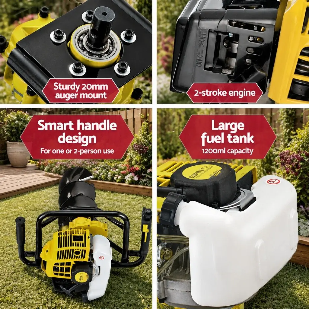 Post Hole Digger Petrol Auger 65cc Engine Yellow Heavy Duty Boring Tool with Extension Shafts and Interchangeable Auger Blades