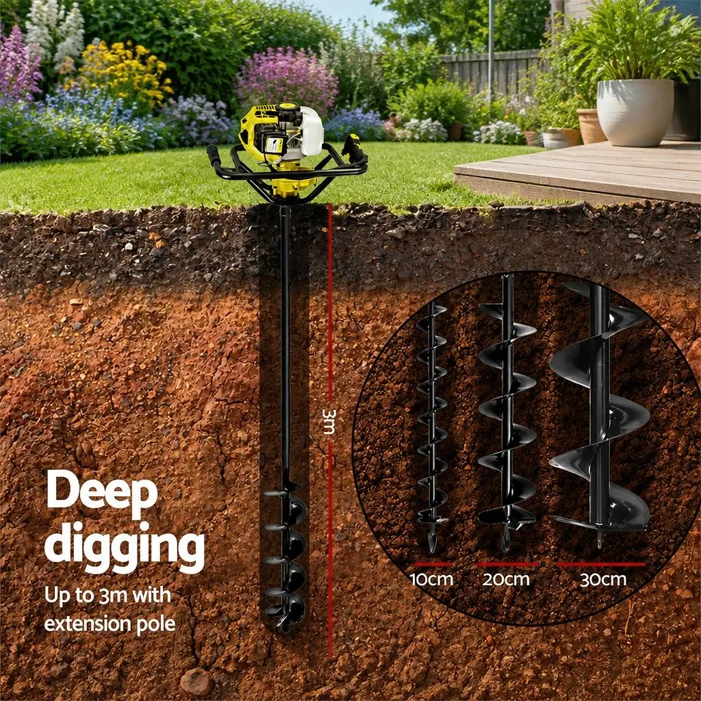 Post Hole Digger Petrol Auger 65cc Engine Yellow Heavy Duty Boring Tool with Extension Shafts and Interchangeable Auger Blades