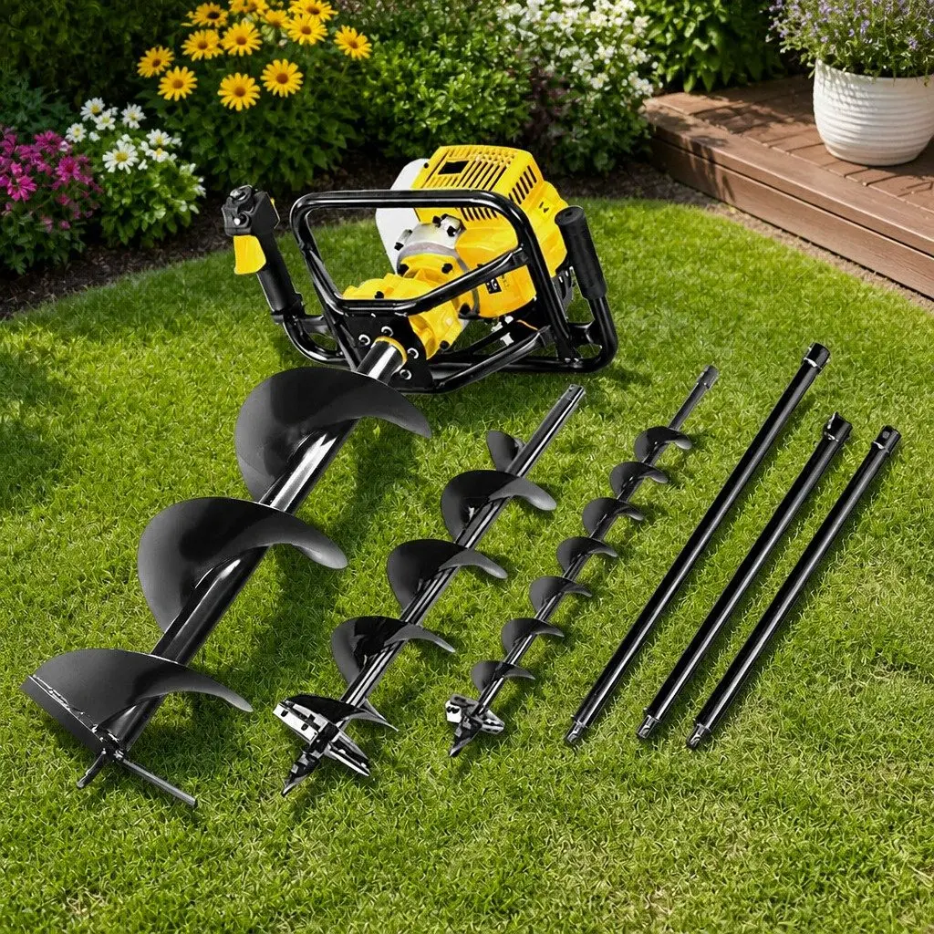 Post Hole Digger Petrol Auger 65cc Engine Yellow Heavy Duty Boring Tool with Extension Shafts and Interchangeable Auger Blades